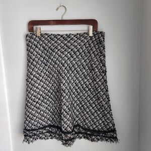 Event Black White Lined Back Zip Straight Midi Skirt Fringe Hem Size Large